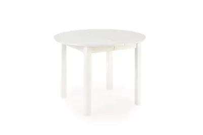 A white round dining table with four legs, shown from a slightly elevated side angle against a white background.