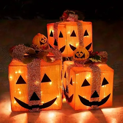 Produktbild von 3er Set Halloween Kürbis Dekoration mit LED-Lichterketten Batteriebetrieben für Urlaub, Zuhause, Garten, Party