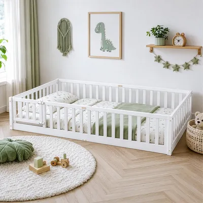 Obrázok produktu pre Detská postel FCH s bočnicami a latkovým roštom, 120x200 cm, Montessori podlahová posteľ s bočným výstupom, jednolôžková posteľ do detskej izby, biela