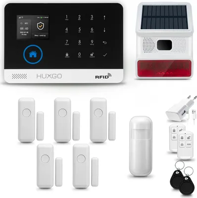 Produktbild von HUXGO HXA003 Alarmanlage Haus WiFi + GSM 4G mit  Funk Sirene, Alarm System mit 1x Bewegungssensor und 5x Tür- Fenstersensor, Alarmanlage für Wohnung, Haus, Büro, Tuya Smartlife App