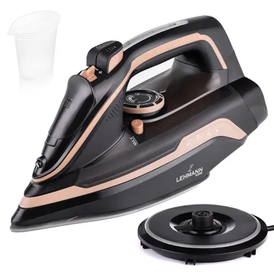 A cordless steam iron with its charging base and a water measuring cup, displayed on a white background.