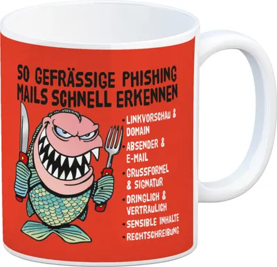 Produktbild von Kaffeebecher zum Thema Phishing Mails erkennen mit Fisch Motiv in rot
