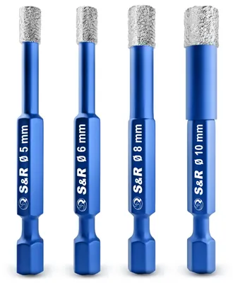 Produktbild von S&R Professional Diamantbohrer, Diamant Fliesenbohrer, Glasbohrer Set 4-tlg 5, 6, 8, 10 mm, Sechskant-Schaft, für Harte Keramik, Granit, Glas, Porzellan, Fliesen, Feinsteinzeug, Marmor, in Rundbox