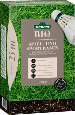 Produktbild von Dehner Bio Saatgut Spielrasen / Sportrasen, hochwertige Saatgutmischung, strapazierfähig / schnellkeimend, 500 g, für ca. 25 m²