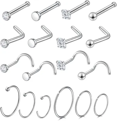 Produktbild von Nasenring Set 18-teilig, 20 Gauge Chirurgenstahl, Nasenstecker L-Form und Endlosringe 6 mm 8 mm 10 mm, Nasenpiercing Schmuck für Damen und Herren