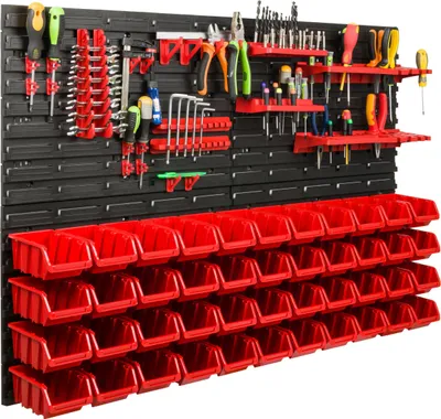 Immagine prodotto di Sistema di stoccaggio Scaffale da officina | 115 x 78 cm | 44 pezzi. Scatola | Scaffale a muro con supporti per utensili e contenitori impilabili - Pannelli a muro Scaffale extra forte Scaffale forato per utensili Scaffale da magazzino Scaffale da garage