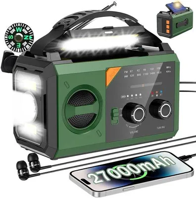 Produktbild von Unyqoos® tragbares multifunktionales Notfallradio – Bluetooth, Solar- & Kurbel-Ladung (USB-C), SOS-Alarm, Taschenlampe, Kompass, 876 g, 16,7×8,5×10,7 cm