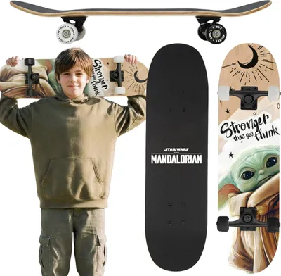 Produktbild von STAR WARS Baby Yoda Jugend-Skateboard aus Holz, 79 cm, großes, rutschfestes Deck, bis 100 kg belastbar
