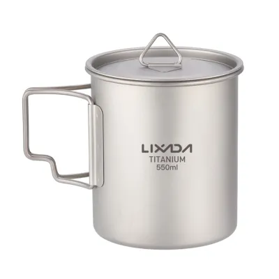 Zdjęcie produktu dla Lixada 450 ml/550 ml lekki tytanowy kubek na wodę z pokrywką kubek na kawę kubek na herbatę ze składanymi uchwytami na kemping, wędrówki, wędrówki z plecakiem, pikniki