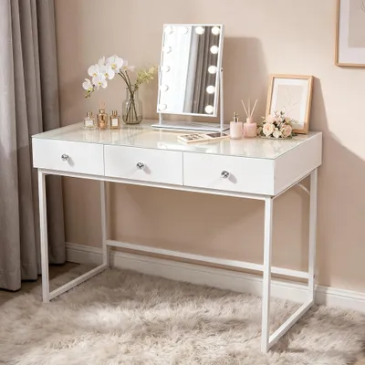 Image de Coiffeuse VANITII avec miroir 12 ampoules LED, luminosité réglable, avec 3 tiroirs