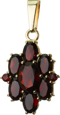 Produktbild von Granat Kettenanhänger Goldschmiedearbeit 14 Karat 585 Gelb Gold Blume Oval 3199