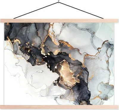 Produktbild von MuchoWow® Textilposter Marmor - Schwarz - Weiß - Gold - Luxus - Abstrakt 120x90 cm mit holzfarbenen Rahmen - Magnetisch