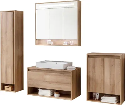 Produktbild von Fackelmann NATURA Badmöbel Set 5-teilig, 94 cm, Braun hell+Spiegelschrank+Midischrank+Hochschrank