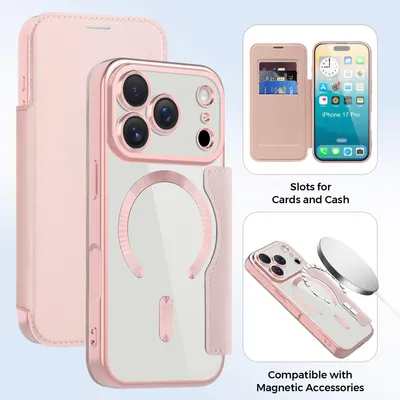 Immagine prodotto di Custodia per iPhone 17 Pro compatibile con MagSafe, custodia trasparente con portacarte, custodia in pelle con protezione per fotocamera Rosa