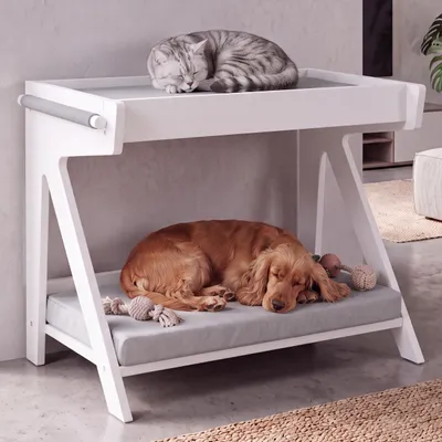 Produktbild von Tierbett MCW-Q63, für Haustiere Tierhaus Katzen-/Hundebett Haustierliege Holz MVG 80x104x60cm  weiß, Kissen grau