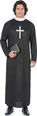 A man dressed in a priest costume holding a book.