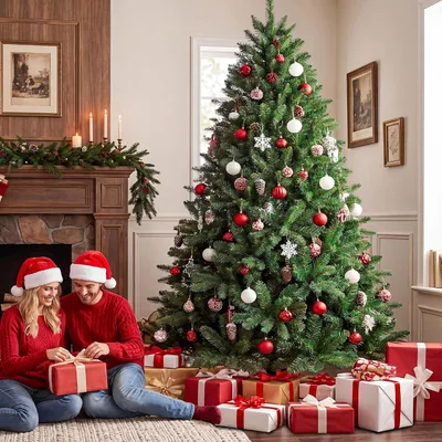 Produktbild von 210cm Künstlicher Weihnachtsbaum mit Holzständer , PE& PVC Spitzen, Naturgetreu Tannenbaum