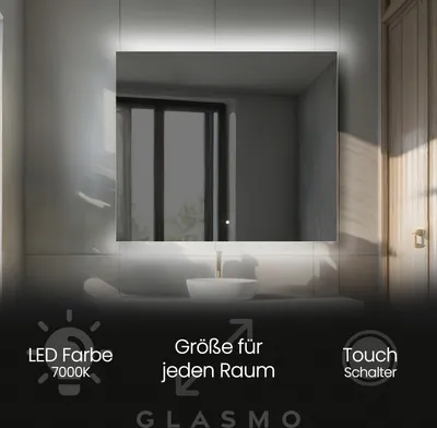 Produktbild von Badspiegel mit Beleuchtung 100x100 cm Eliza - Quadratisch Rechteckiger Spiegel mit LED Beleuchtung - Kaltweiß 7000K - Badezimmerspiegel Lichtspiegel mit Touch Schalter