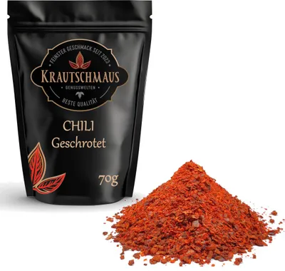 Produktbild von 70g Chili geschrotet von Krautschmaus, schonend getrocknet, voller Geschmack