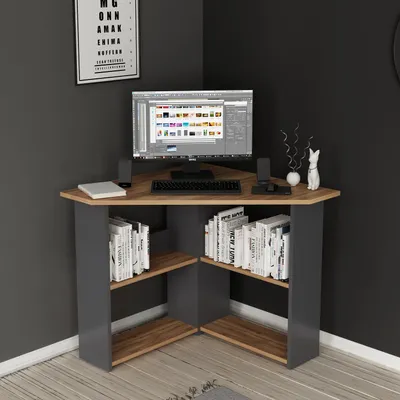 Image de Bureau d'angle HOMIDEA en forme de L – Bureau moderne avec étagères pour le bureau, le cabinet de travail et le télétravail (noyer/anthracite)