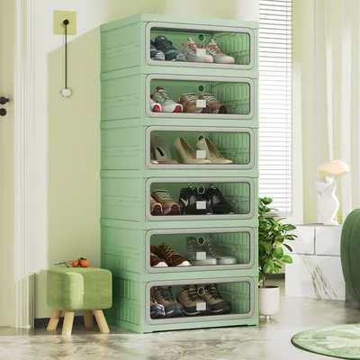 Imagen del producto de Armario para zapatos REMZETTA, estrecho, plegable, de color verde, con 6 puertas transparentes, 6 compartimentos, estante para zapatos de plástico con superficie superior para recibidores y vestidores