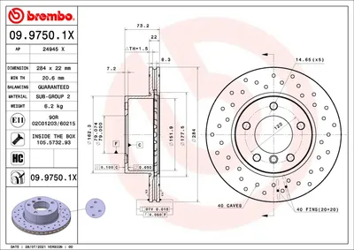 Obrázek produktu pro 2x brzdový kotouč BREMBO 09.9750.1X pro BMW 1 Hatchback (E87) 1 Hatchback (E81)