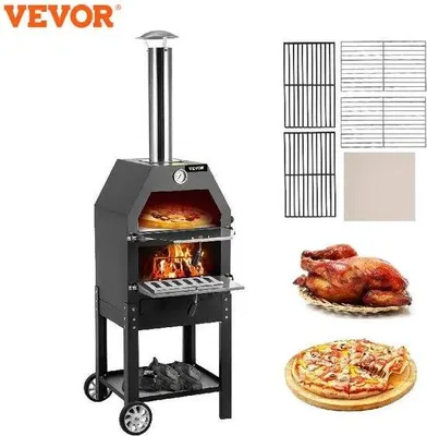 Zdjęcie produktu dla Piec do pizzy na drewno do użytku na zewnątrz, 40 x 35 x 141 cm, 500°C, z kółkami