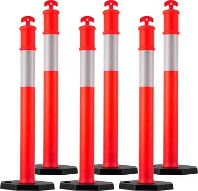 Immagine prodotto di SucceBuy paletti di controllo del traffico 6 pezzi (114 cm) con base robusta e strisce riflettenti, resistenti paletti di sbarramento per cantieri, parcheggi e per l'organizzazione della folla, rosso