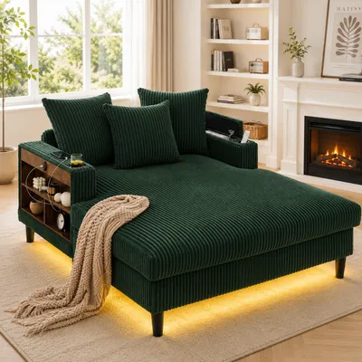Produktbild von Multifunktionale Cord-Lounge mit Chaiselongue & großer Liegefläche, beidseitige Getränkehalter, LED-Beleuchtung, Seitentasche, Stauraum, USB-Ladeport & stabile Kunststofffüße – vielseitig einsetzbar, beige