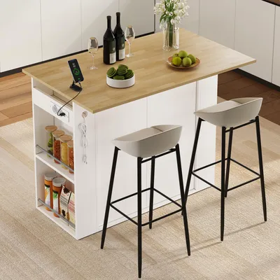 Obrázek produktu pro Kuchyňský ostrůvek MODFU s výklopnou pracovní deskou, kuchyňská skříňka se zásuvkou a USB portem, barový stůl/kuchyňský stůl, rozměry 120 x 47–75 x 97 cm, bílá barva