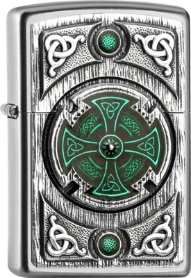 Produktbild von Zippo 205 Celtic Green Cross Satin Chrom Windschutz leichter