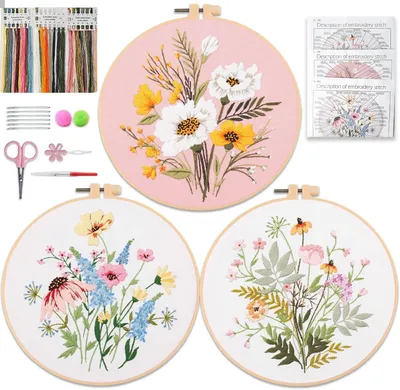Produktbild von Stickset, 3 Blumenmuster, inklusive Nadeln, Schere, Faden und Zubehör, für Anfänger