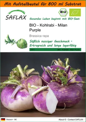 Produktbild von SAFLAX - Garden in the Bag - BIO - Kohlrabi - Milan Purple - 600 Samen - Mit Anzuchtsubstrat im praktischen, selbst aufstellenden Beutel - Brassica rapa