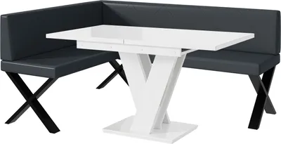 Produktbild von MEBLINI Eckbank für Esszimmer mit ausziehbarem Tisch  - Küchenbank - Essecke - Sitzecke Küche - ERIC - X-Beine 128x168x87cm Links - Dunkelgrau Kunstleder/M Weiß Hochgl.