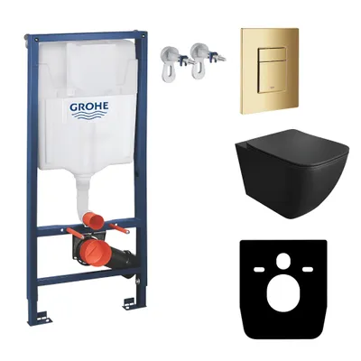Produktbild von GROHE Vorwandelement Solido + Wand Hänge WC Onil Schwarz Spülrandlos + WC-Sitz SoftClose | Goldener Knopf | Komplettset | Unterputz Spülkasten |  Toilette Komplett Sett