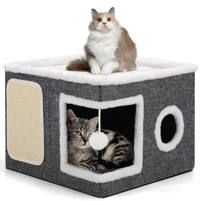 Productafbeelding van Opvouwbaar kattenhuis voor binnenshuis - 2-laags kattenbed met krabplank