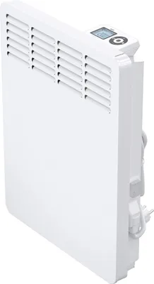 A white electric convector heater is shown at a diagonal angle against a white background.