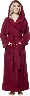 Produktbild von Bademantel Pandora für Damen mit Kapuze, extra lang, 100% Baumwolle, Farbe:Bordeaux, Größe:M