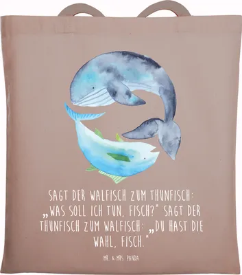 Produktbild von Mr. & Mrs. Panda Einkaufstasche Walfisch Thunfisch - Braun Pastell - Geschenk, Wahl, Shopping Tasche, Tote Bag, Tunfisch, Spruch Des Tages, Tragetasche, Witz, Wal, Lustig