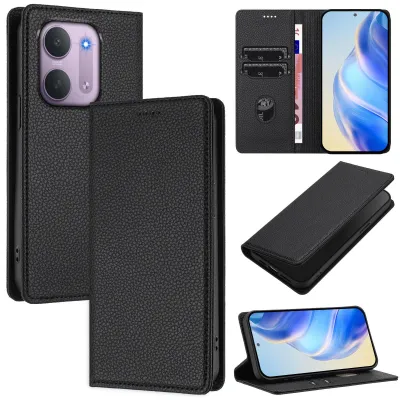 Image de Étui en cuir pour Xiaomi Redmi 17C 5G, en cuir "litchi", type portefeuille avec compartiments pour cartes et support intégré, couleur noire