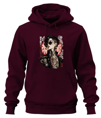 Produktbild von Rise Rebel Anti System Japan Cyberpunk Yakuza Y2K Tattoo Hoodie Kapuzenpullover, Burgundy, XXL