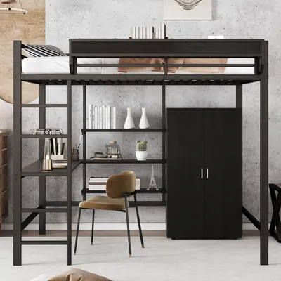 Immagine prodotto di Letto a castello a soppalco Merax 140×200 cm con scrivania e doppio contenitore, letto per bambini in ferro con armadio e scala, letto in metallo con MDF, nero