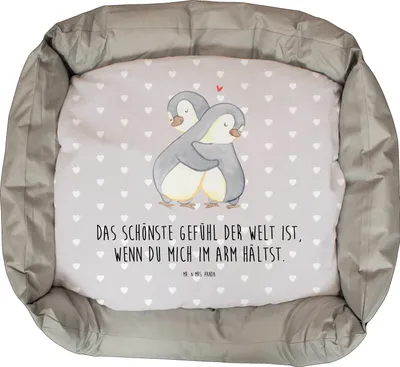 Produktbild von Mr. & Mrs. Panda Katzenkorb Pinguine Kuscheln - Grau Pastell - Geschenk, für Frauen, Katzenkörbchen, Hochzeitstag, Valentinstag, Katzenliege, Freund, Katzensofa, Freundin