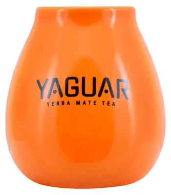 Obrázek produktu pro Cebador – keramický hrnek na mate, oranžový, 350 ml – tradiční design – snadná údržba – žlutá tykev s logem Yaguar