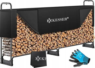 Produktbild von KESSER® Kaminholzregal Metall Brennholzregal außen Stahlrahmen + Abdeckung & Handschuhe Kaminholzunterstand 200kg Wasserdichter Holzlager Holzstapelhilfe für Garten Terrasse