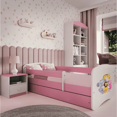 Produktbild von Babybett in Puderrosa, 80 x 160 cm, mit Schublade und Zootiermotiv, ohne Matratze