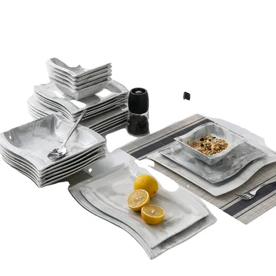 Produktbild von Marmorgraues Porzellangeschirr-Set, 26-teilig, umweltfreundlich und langlebig, 26-teiliges Set