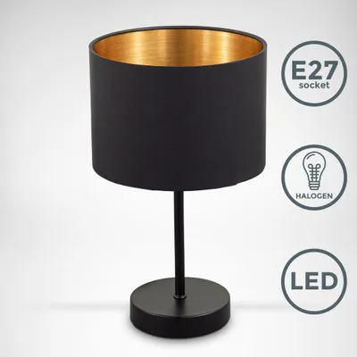 Produktbild von Tischleuchte Stoffschirm Schwarz-Gold E27 Stoffschirm 20cm Tischlampe Nachttisch