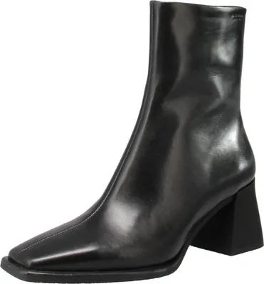 A black leather ankle boot with a square toe and a block heel is shown against a white background.