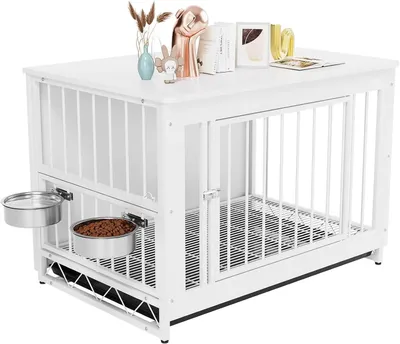 Produktbild von Holz Hundebox für Zuhause - Hundekäfig und Hundehütte Möbel - Für kleine und mittelgroße Hunde bis 40 kg - Weiß